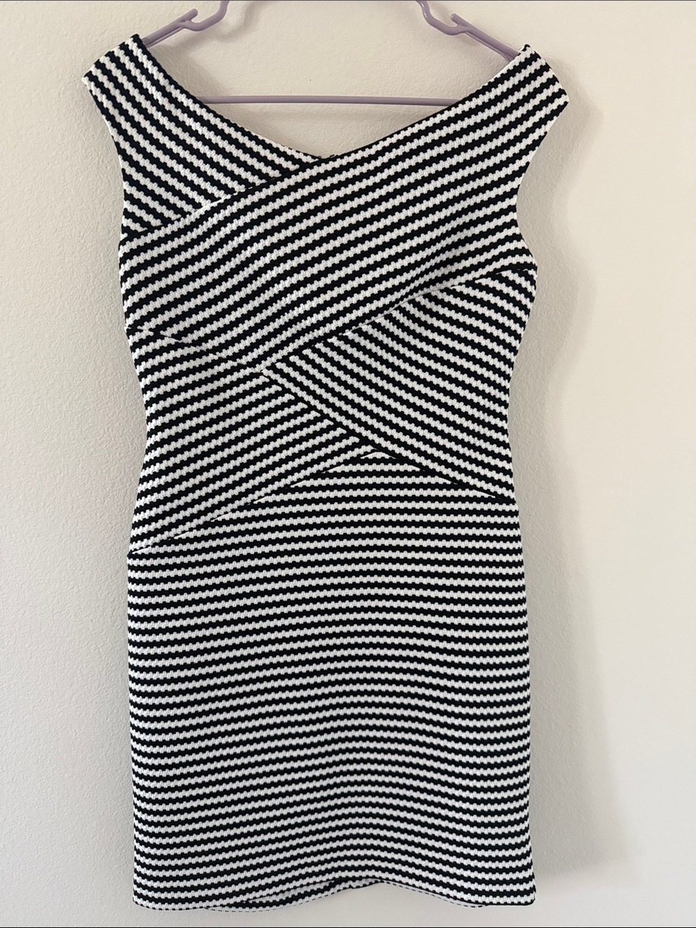GUESS Black and White One-Shoulder Striped Sheath Dress